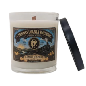 Candle with Pennsylvania Railroad label on a white background