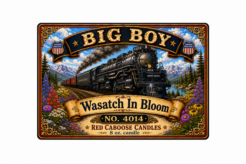 Decorative candle packaging with a train design and 'Big Boy' text.