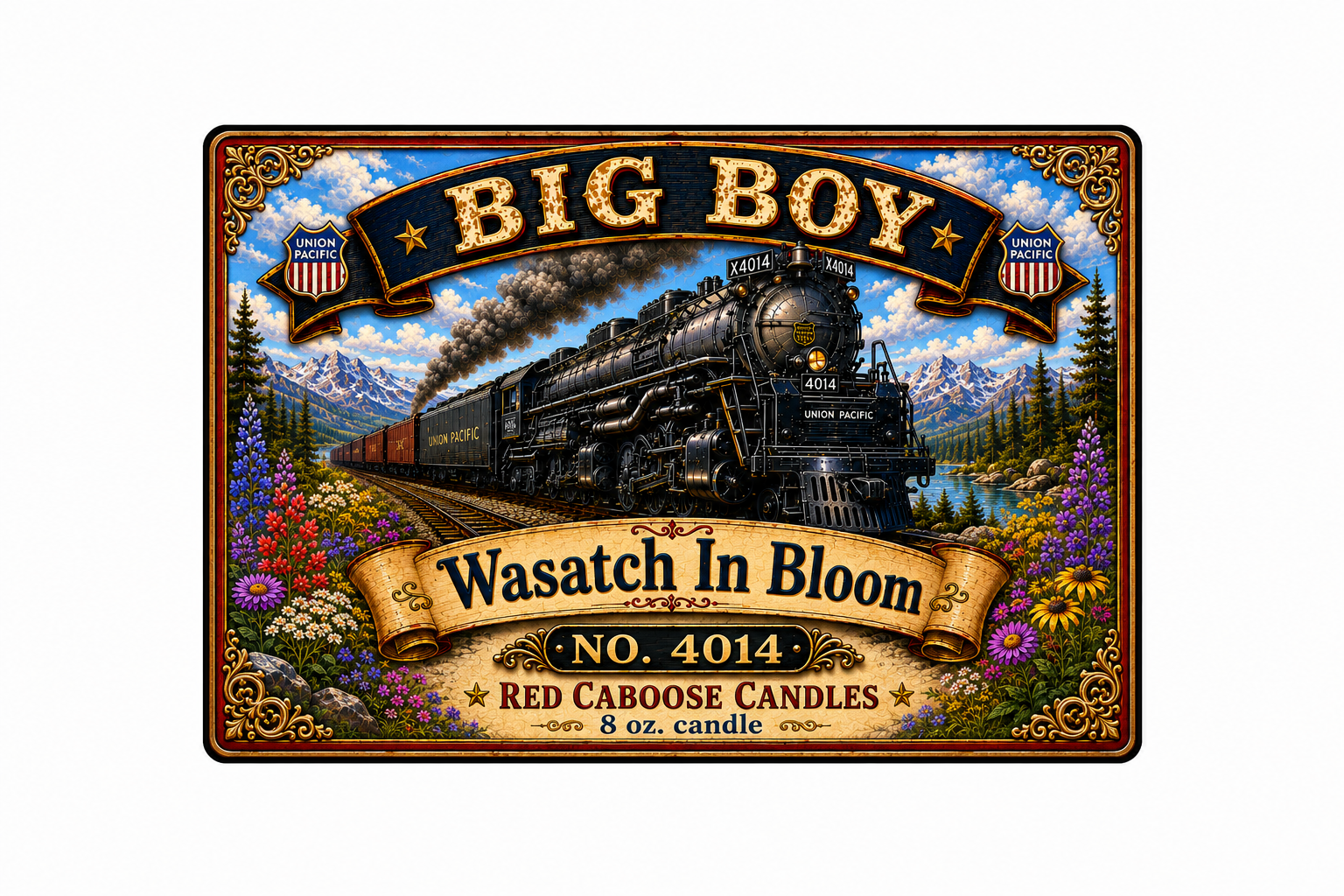 Decorative candle packaging with a train design and 'Big Boy' text.