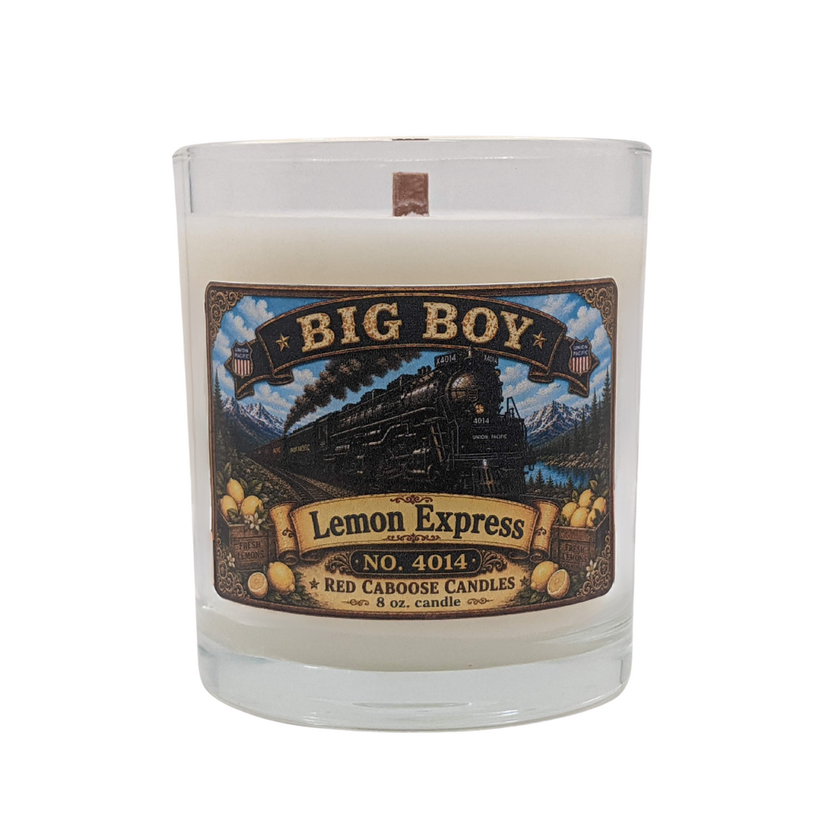 Big Boy candle, Lemon Express scent. Lemon, verbena, woody
