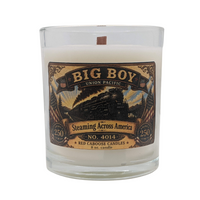 Candle with a label featuring 'Big Boy' Union Pacific locomotive design.  Scent is fresh, fruity, floral, earthy
