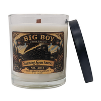 Candle, Big Boy, Steaming Across America, w/lid. Image of the locomotive. Scent is fresh, fruity, floral, earthy