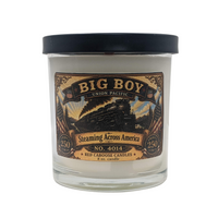 Candle, Big Boy, Steaming Across America, w/lid. Image of the locomotive. Scent is fresh, fruity, floral, earthy