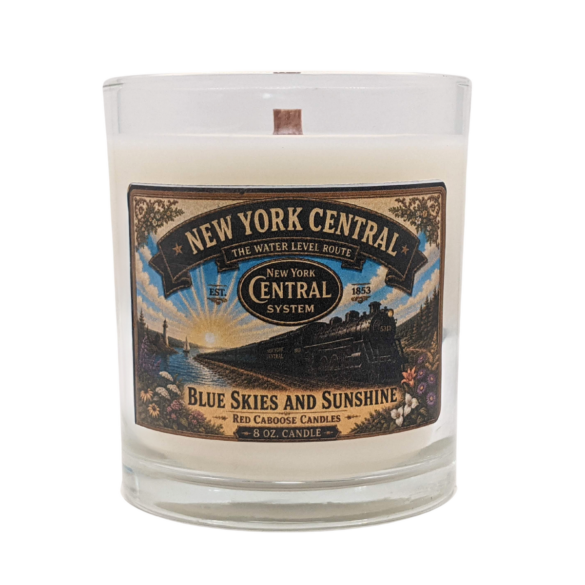 Candle with New York Central Railroad label, Blue Skies & Sunshine, vintage Hudson steam locomotive.  Scent is fresh, fruity, floral, earthy