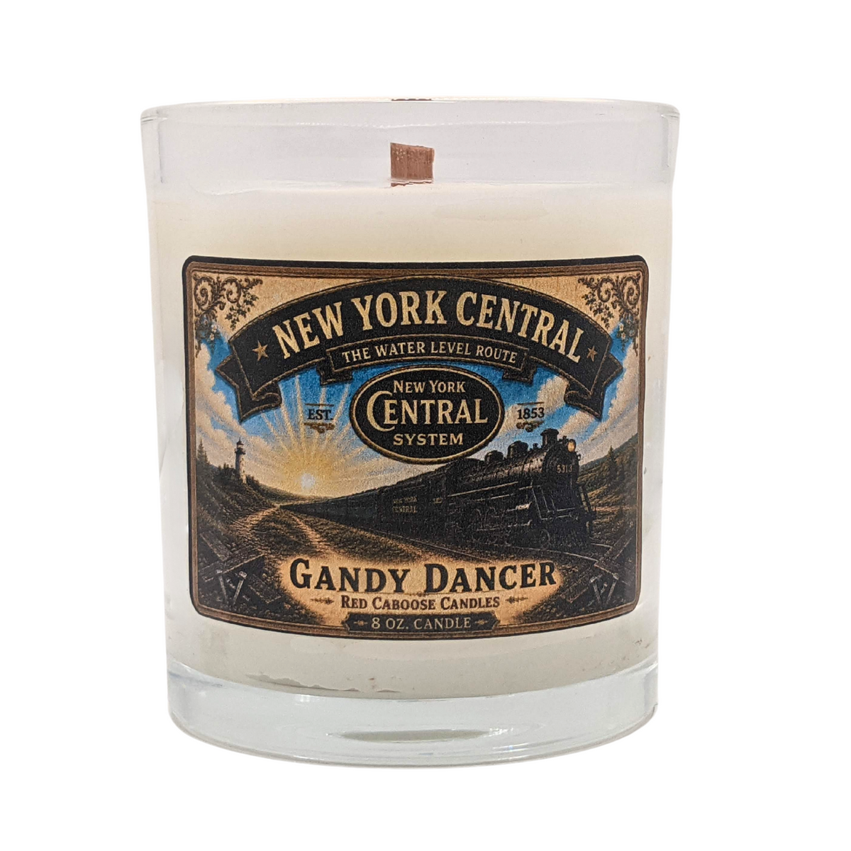 Candle with New York Central Railroad label.  Scent is sandalwood, mahogany, teakwood