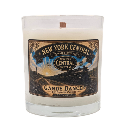 Candle with New York Central Railroad label.  Scent is sandalwood, mahogany, teakwood