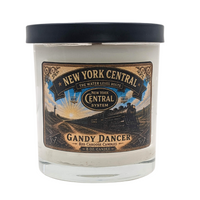 Candle with New York Central Railroad label, black lid.  Scent is sandalwood, mahogany, teakwood