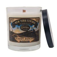 Candle with New York Central Railroad label, black lid.  Scent is sandalwood, mahogany, teakwood