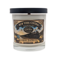 Candle with New York Central, Water Level Route, Lemon Express, with black lid.  Vintage Hudson steam locomotive.  Scent is lemon, verbena, woody