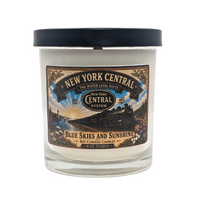 Candle with New York Central Railroad label, Blue Skies & Sunshine, vintage Hudson steam locomotive.  With black lid.  Scent is fresh, fruity, floral, earthy
