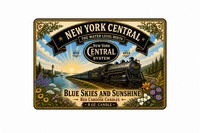 Candle label with New York Central Railroad label, Blue Skies & Sunshine, vintage Hudson steam locomotive.  With black lid.  Scent is fresh, fruity, floral, earthy