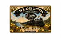 Candle label with New York Central, Water Level Route, Lemon Express, with black lid.  Vintage Hudson steam locomotive.  Scent is lemon, verbena, woody