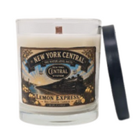Candle with New York Central, Water Level Route, Lemon Express, with black lid.  Vintage Hudson steam locomotive.  Scent is lemon, verbena, woody