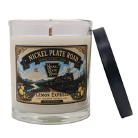 Nickel Plate Road steam locomotive 765 or 757 candle with lid.  Vintage label.  Lemon Express is lemon, verbena scent.