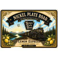 Nickel Plate Road steam locomotive 765 or 757 candle label.  Vintage label.  Lemon Express is lemon, verbena scent.
