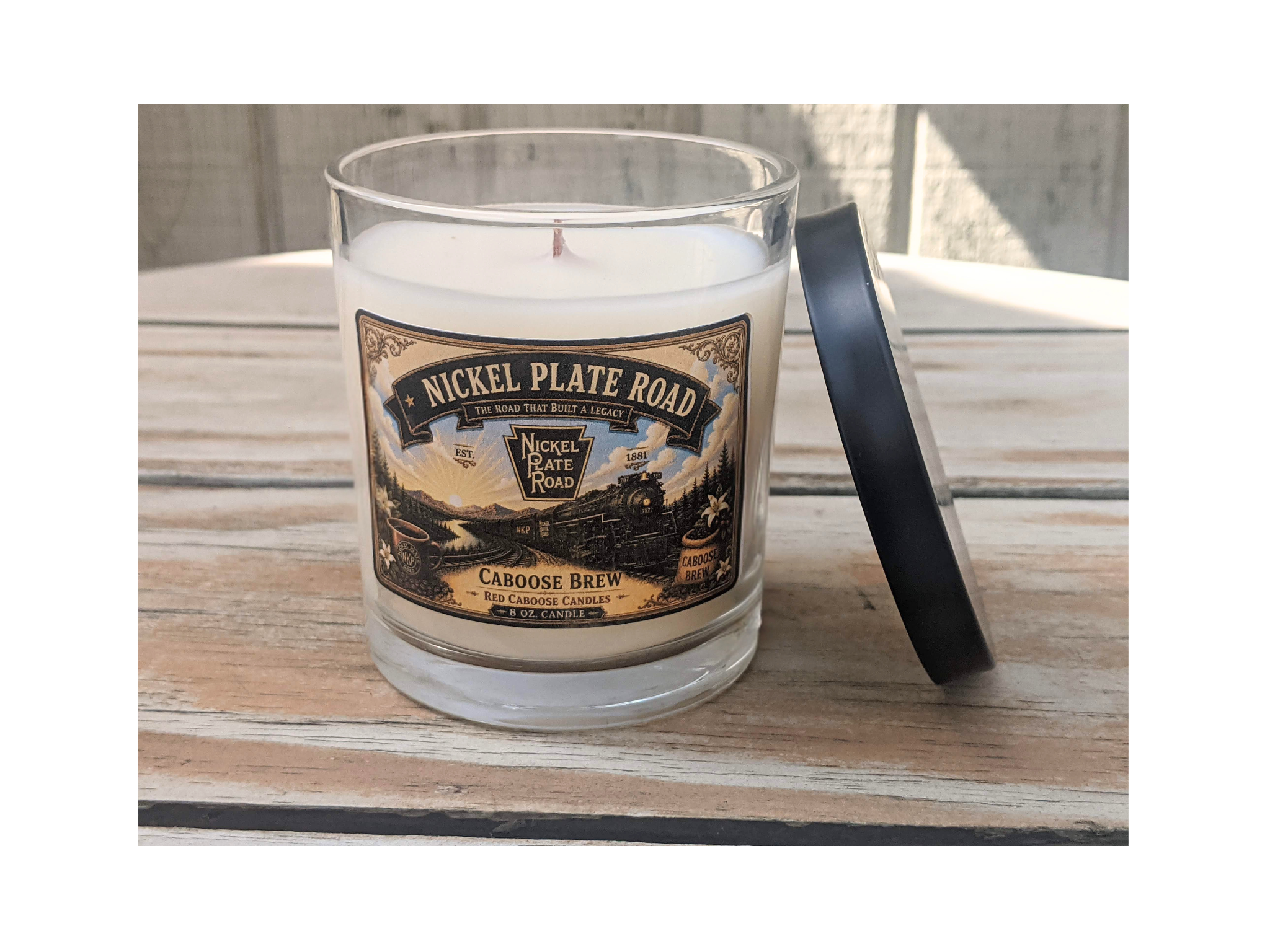 Nickel Plate Road steam locomotives #757 and #765 candle.  With lid. Scent is coffee, buttery pastry, cream
