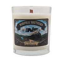 Candle with Norfolk Southern label featuring vintage steam locomotive No. 630.  Scent is sandalwood, mahogany, teakwood