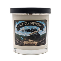 Candle with lid,  Norfolk Southern label featuring vintage steam locomotive No. 630.  Scent is sandalwood, mahogany, teakwood