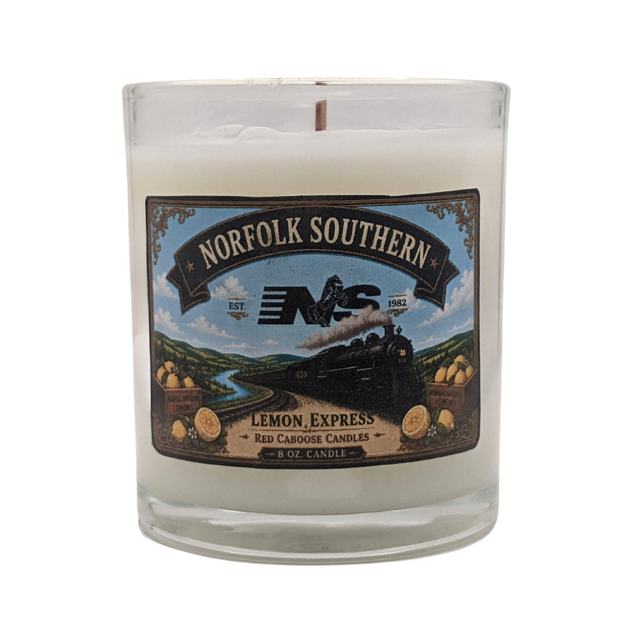 Candle -Norfolk Southern, vintage steam locomotive No. 630, Lemon Express. Scent is lemon, verbena, woody