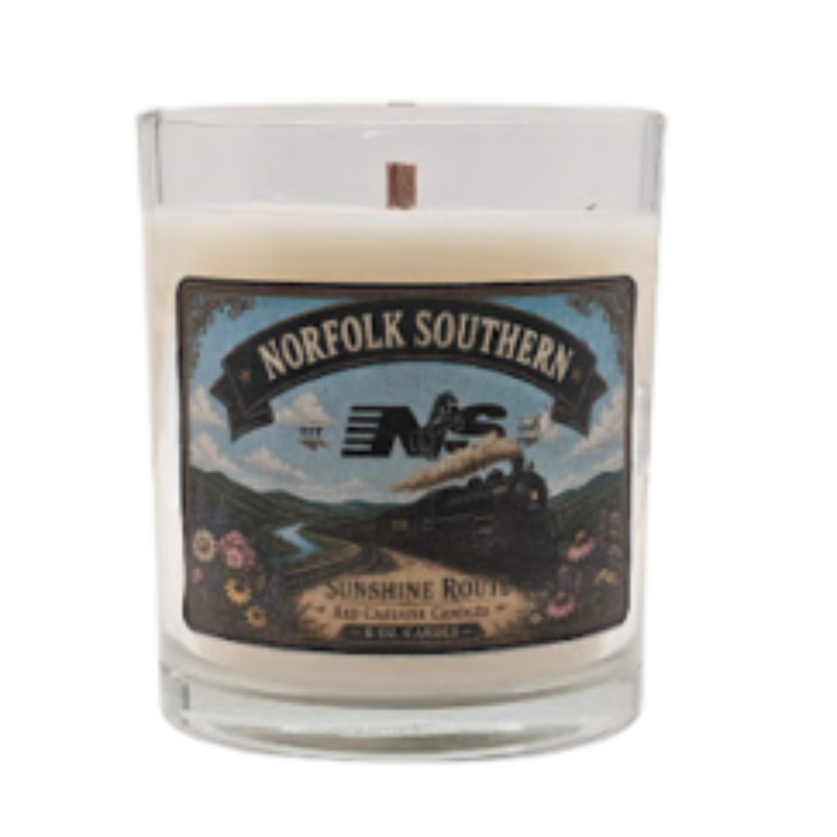 Candle with Norfolk Southern Railroad, Vintage Steam Locomotive No. 630.  Scent is sunflower,  sunflowers, fresh air and woody, earthy notes