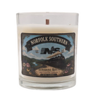 Candle with Norfolk Southern Railroad, Vintage Steam Locomotive No. 630.  Scent is sunflower,  sunflowers, fresh air and woody, earthy notes