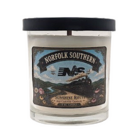 Candle with lid, Norfolk Southern Railroad, Vintage Steam Locomotive No. 630 label.  Scent is sunflower,  sunflowers, fresh air and woody, earthy notes