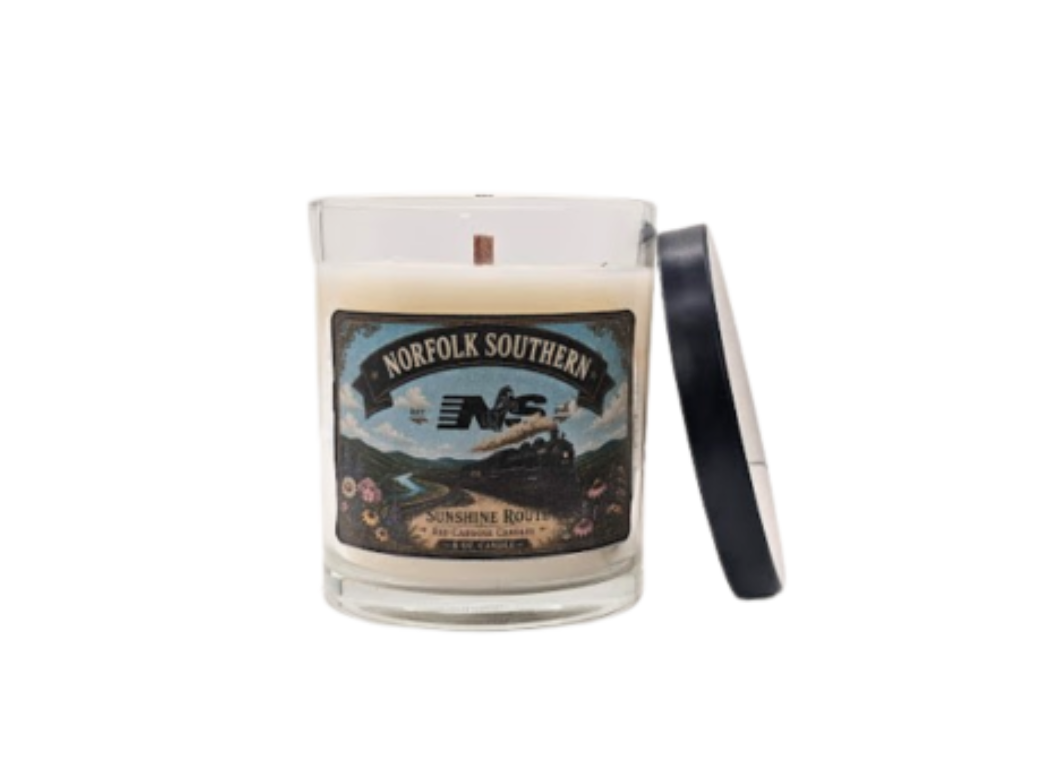 Candle with lid, Norfolk Southern Railroad, Vintage Steam Locomotive No. 630 label.  Scent is sunflower,  sunflowers, fresh air and woody, earthy notes