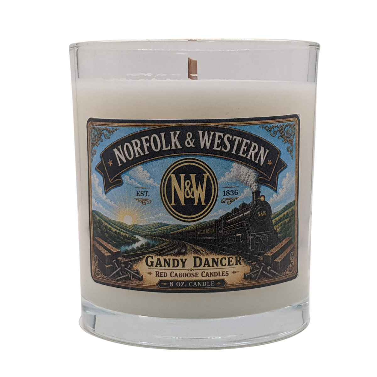 Norfolk and Western candle, Gandy Dancer.  Scent is sandalwood, mahogany, teakwood.  Label with vintage locomotive.