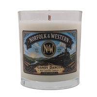 Norfolk and Western candle, Gandy Dancer.  Scent is sandalwood, mahogany, teakwood.  Label with vintage locomotive.