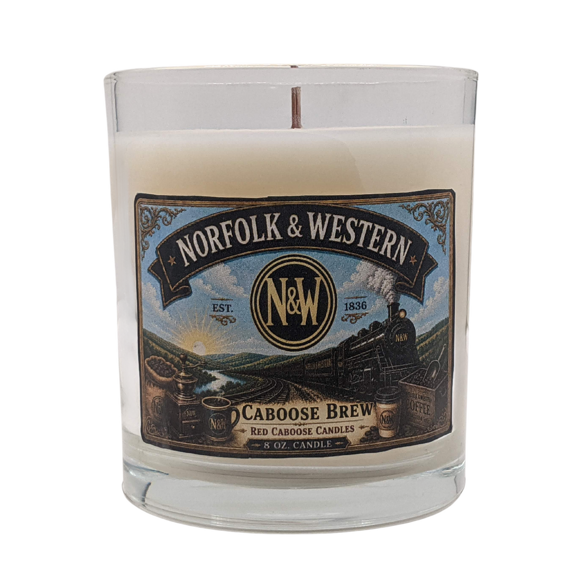 Candle of Norfolk & Western with vintage locomotive on label.  Scents are coffee, buttery pastry, cream