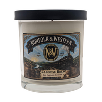 Candle with lid of Norfolk & Western with vintage locomotive on label.  Scents are coffee, buttery pastry, cream