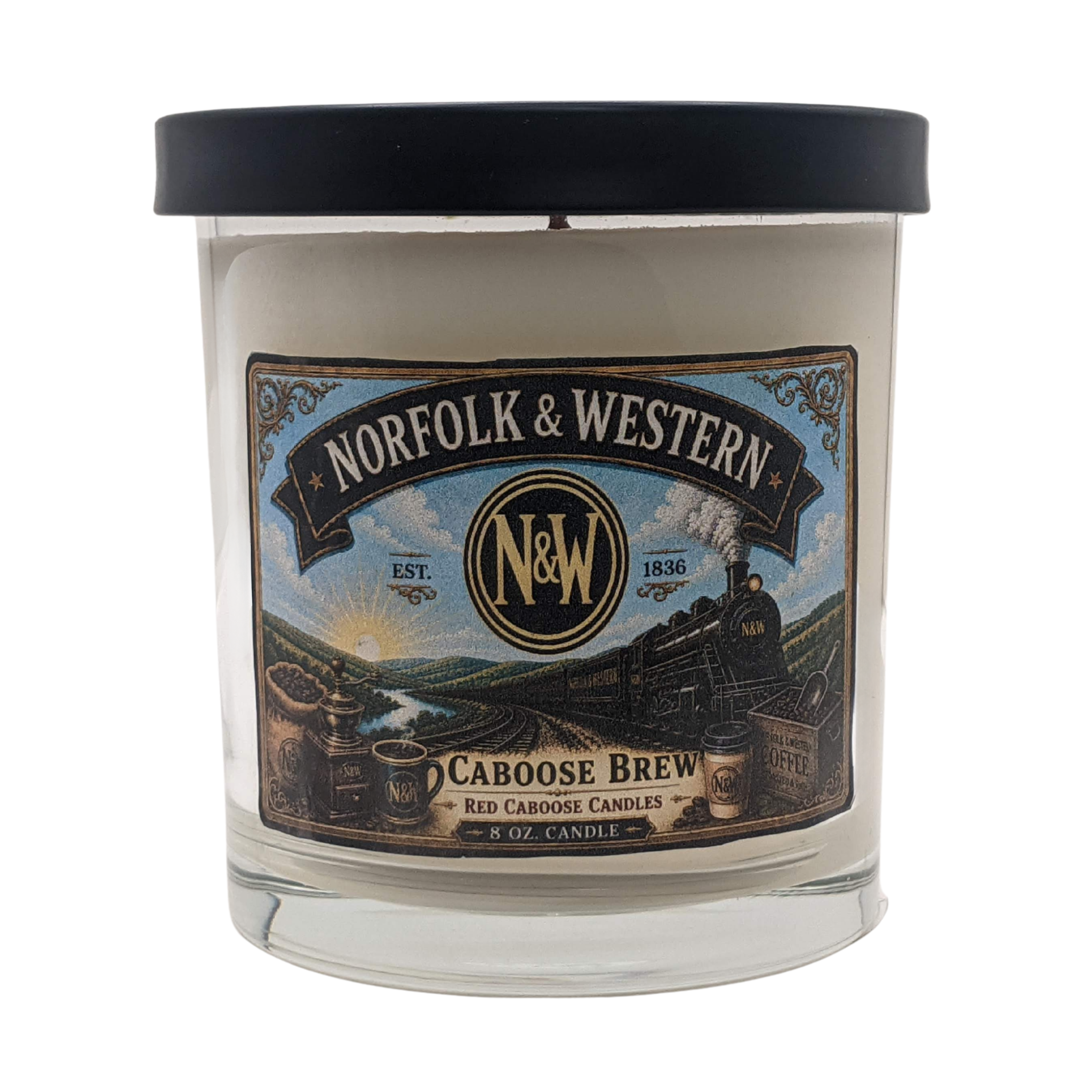 Candle with lid of Norfolk & Western with vintage locomotive on label.  Scents are coffee, buttery pastry, cream