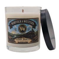 Norfolk and Western candle, Gandy Dancer.  Scent is sandalwood, mahogany, teakwood.  Label with vintage locomotive.
