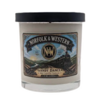 Norfolk and Western candle with lid, Gandy Dancer.  Scent is sandalwood, mahogany, teakwood.  Label with vintage locomotive.