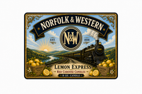 The Norfolk & Western, Lemon Express candle, vintage locomotive label.  Scent is lemon,  verbena, warm woods.