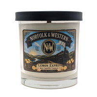 The Norfolk & Western, Lemon Express candle w/lid with vintage locomotive label.  Scent is lemon,  verbena, warm woods.