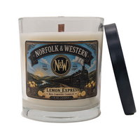 The Norfolk & Western, Lemon Express candle with lid and vintage locomotive label.  Scent is lemon,  verbena, warm woods.