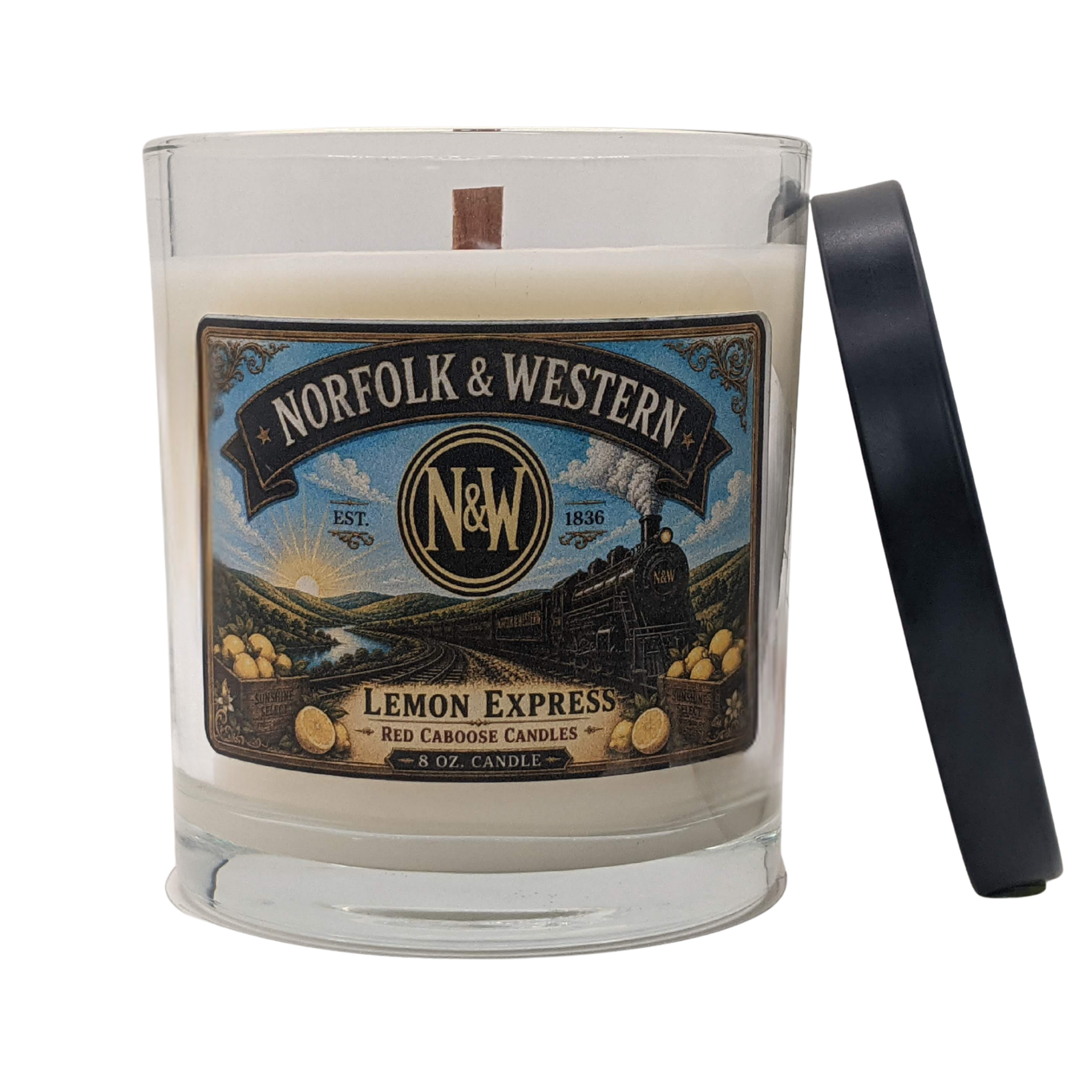 The Norfolk & Western, Lemon Express candle with lid and vintage locomotive label.  Scent is lemon,  verbena, warm woods.