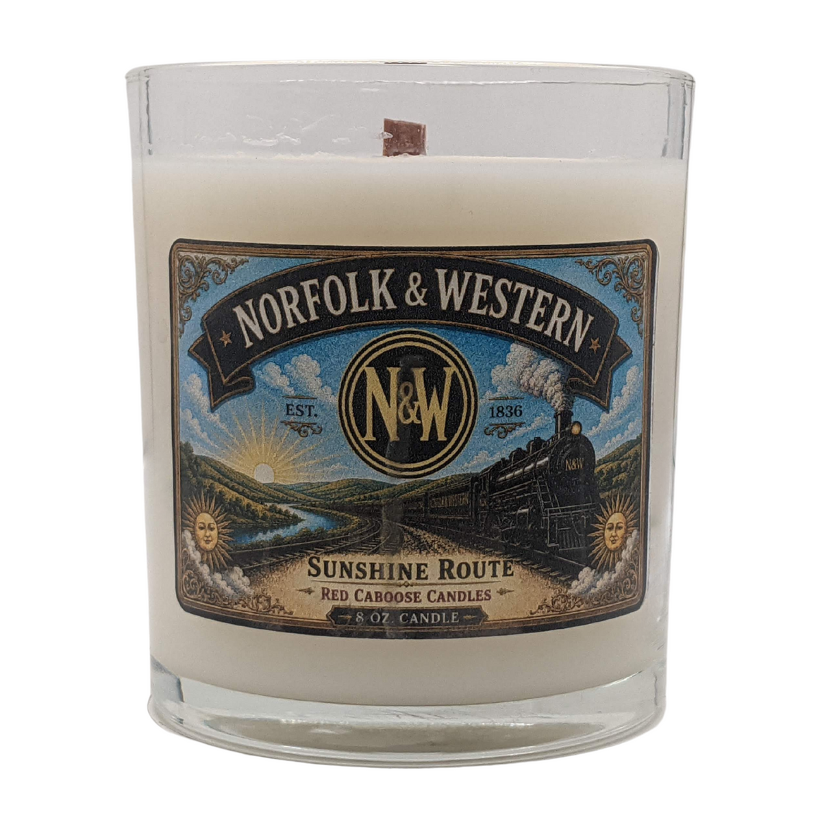 Norfolk and Western candle with vintage locomotive label.
Scent is sunflowers, fresh air and woody, earthy notes.