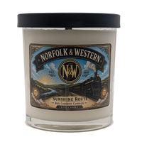 Norfolk and Western candle with lid, vintage locomotive label.
Scent is sunflowers, fresh air and woody, earthy notes.