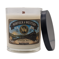 Norfolk and Western candle with vintage locomotive label.
Scent is sunflowers, fresh air and woody, earthy notes.