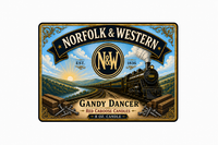 Norfolk and Western candle label, Gandy Dancer label.  Scent is sandalwood, mahogany, teakwood.  Vintage label with vintage locomotive.