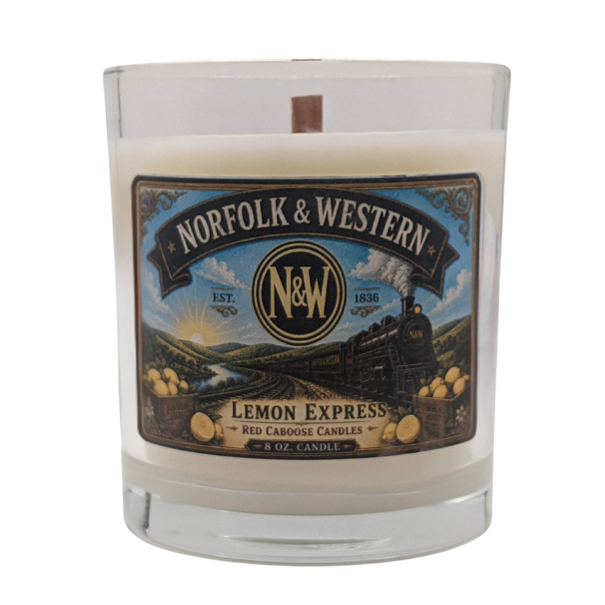 The Norfolk & Western, Lemon Express candle with vintage locomotive label.  Scent is lemon,  verbena, warm woods.