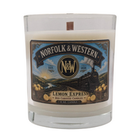 The Norfolk & Western, Lemon Express candle with vintage locomotive label.  Scent is lemon,  verbena, warm woods.