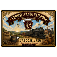 Pennsylvania Railroad, Spirit of Altoona Caboose Brew candle, vintage label captures the aroma of freshly brewed coffee. Scents include fresh roasted coffee and buttery pastries with a creamy finish.  Vintage label style.