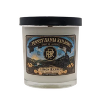 Candle with Pennsylvania Railroad with vintage locomotive, Spirit of Altoona with lid  Lemon Express scent.  Lemon, Verbena