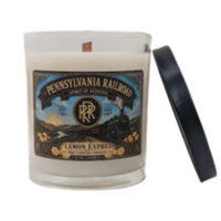 Candle with Pennsylvania Railroad with vintage locomotive, Spirit of Altoona with lid  Lemon Express scent.  Lemon, Verbena