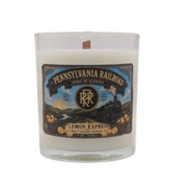 Candle with Pennsylvania Railroad with vintage locomotive, Spirit of Altoona.  Lemon Express scent.  Lemon, Verbena