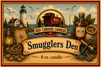 Rustic nautical-themed candle label for Red Caboose Candles' Smugglers Den 8 oz. candle, featuring an illustrated lighthouse, ship, lantern, treasure map, bottle of rum, and keys on a parchment-style background.